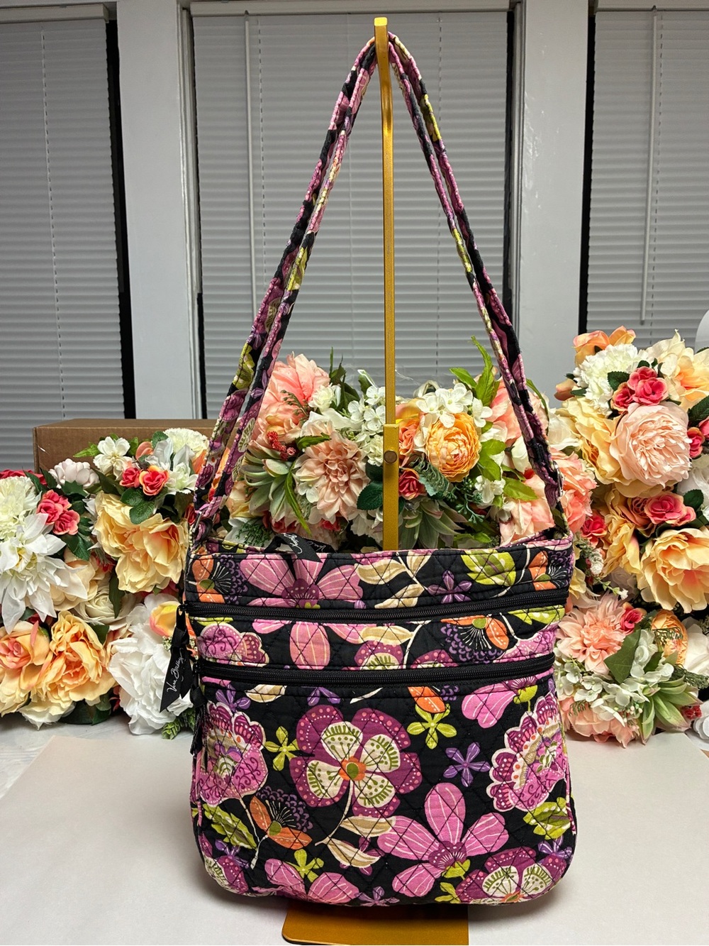 Vera Bradley Suzani Hipster Crossbody Bag Retired Floral Quilted Cotton Black